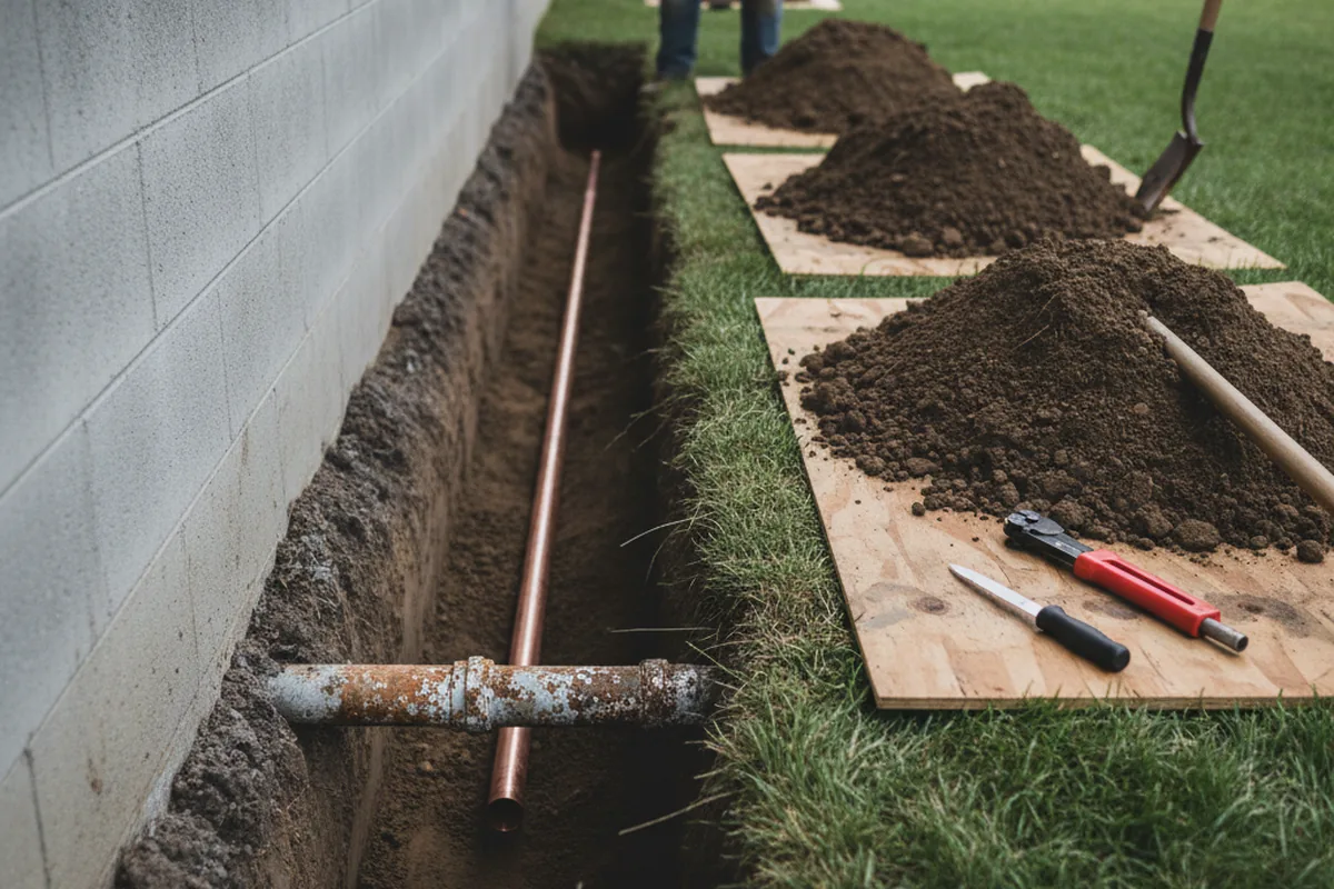 Excavated water line trench during Water Heater Repair in Jones